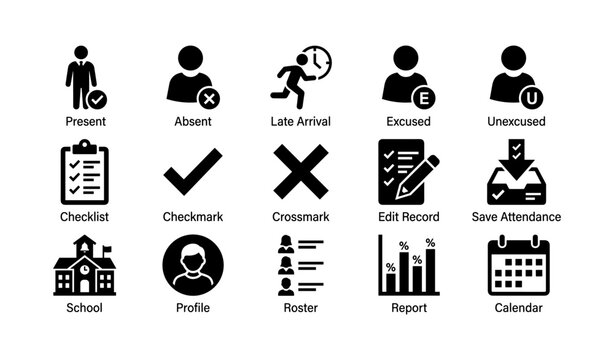 Attendance management icons collection for tracking and reporting