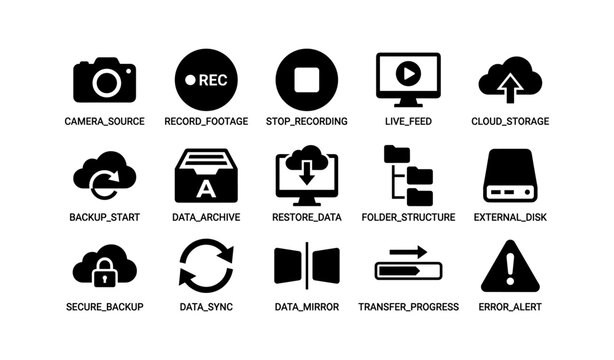 Icon set for recording and data management: camera, cloud, disk