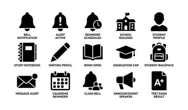 Educational icon set: bell, alert, school, student, tools, calendar, speaker