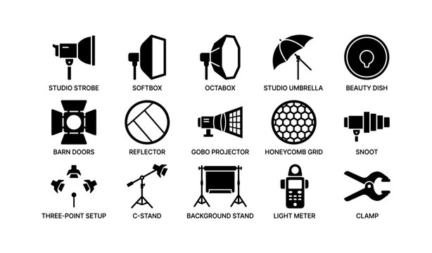 Essential photography equipment icons: studio lighting and accessories