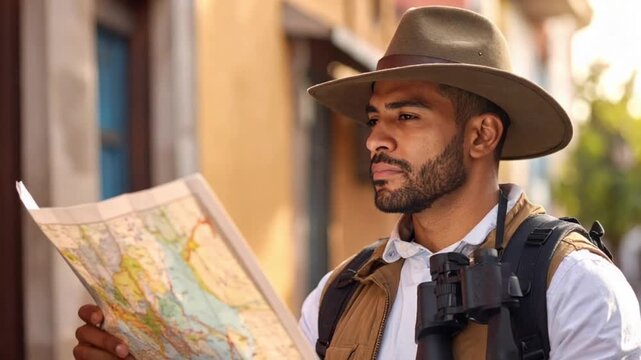 Adventurous man navigating a new destination with a map and backpack