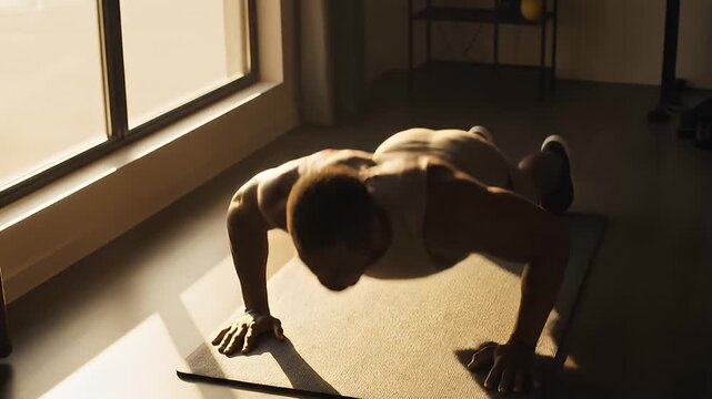 Strong man doing push-ups on mat in sunny home gym