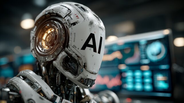 Sleek futuristic robot analyzing data charts on digital screens with AI models and dynamic graphs, advanced technology and innovation atmosphere.