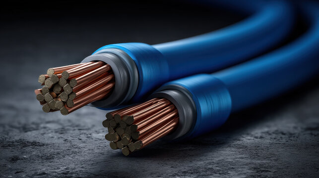 Blue electrical cable with exposed stranded copper conductor and flexible insulation, close up macro showing texture and industrial detail in dramatic lighting