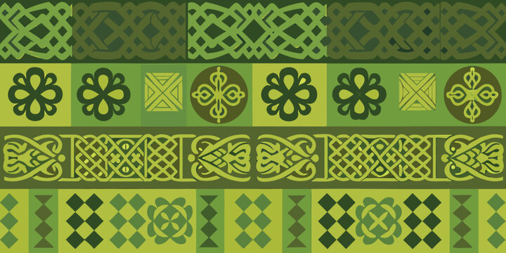 Intricate green celtic knotwork and floral patterns in a repeating design