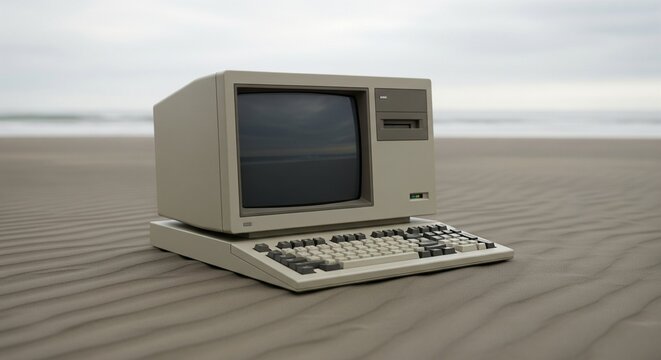 Vintage Computer on Sandy Beach Mockup - Retro Technology and Nostalgia Concept Photography