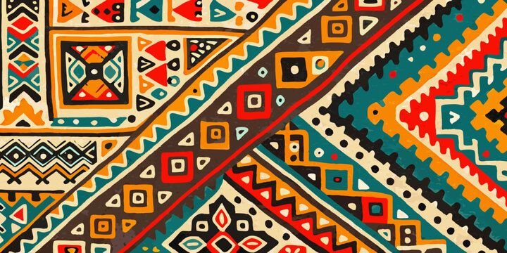 A vibrant and colorful geometric pattern resembling tribal textile art