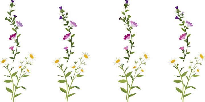 Floral arrangement of larkspur and daisy wildflowers on a white background