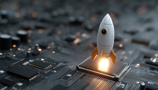 Miniature rocket launch on circuit board startup technology concept with glowing thruster and bokeh lights, futuristic microchip scene evoking innovation and acceleration