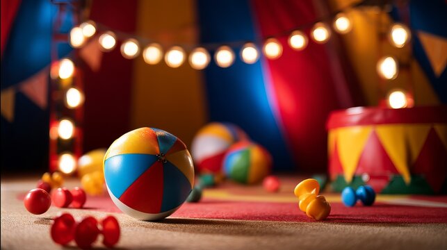 Performer Balancing a Colorful Ball on Stage in a Festive Circus Setting