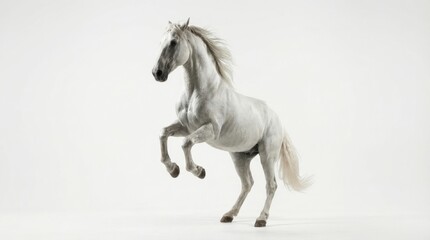 Fototapeta premium White Horse Rearing Energetic Stallion On Plain Background.