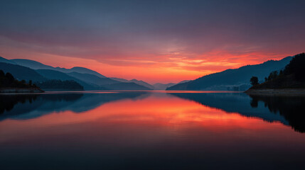 Fototapeta premium A calm lake at sunset sun glowing in soft red and orange at horizon, mountain silhouette reflected on glassy water, peaceful landscape with warm sky and serene mood