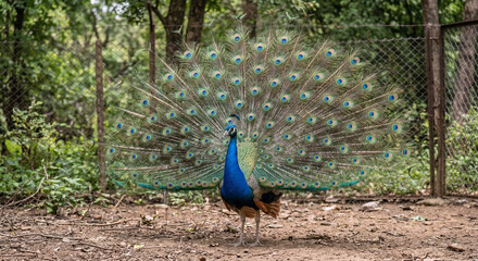 Fototapeta premium Indian Peacock Displaying Feathers Full Tail Fan Wildlife Nature Photography