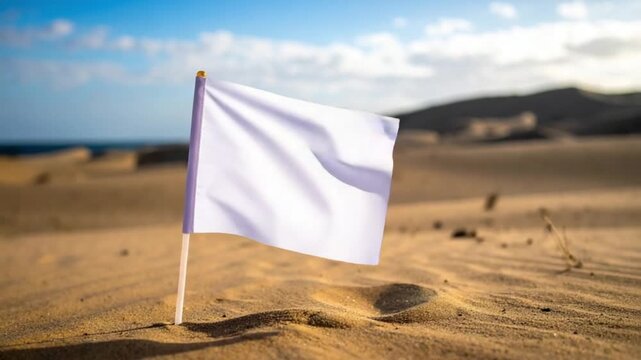 White Flag in Desert Sands Under Blue Sky Symbolizing Peace