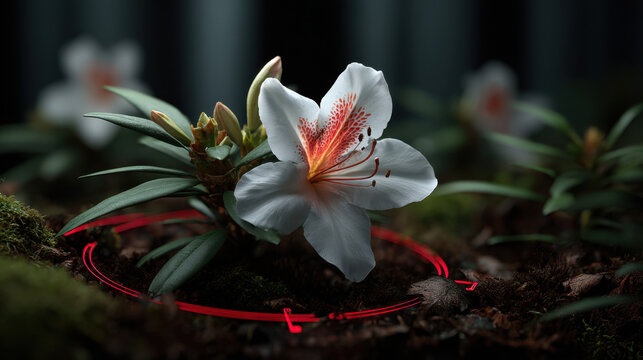 White rhododendron flower with red speckled throat and surrounding green leaves in low light creating serene mood