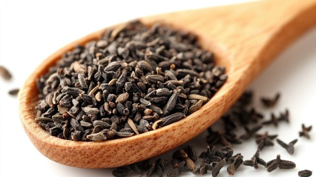 Close-up of Black Cumin Seeds in a Wooden Spoon on a White Surface Revealing Texture and Culinary