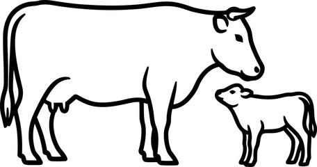 Obraz premium A cow and a calf standing together in a simple line drawing