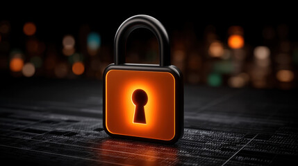 Fototapeta premium Glowing orange padlock on digital surface, illuminated keyhole symbol conveying cybersecurity and data protection in futuristic scene