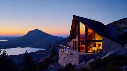 cabin, architecture, modern, design, nature. A cozy modern cabin with large windows overlooks a lake and mountain during a colorful sunset.