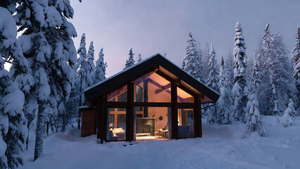 cabin, architecture, modern, design, nature. A cozy cabin with warm lights glows amidst a snowy forest under a twilight sky, surrounded by tall pine trees covered in fresh snow.