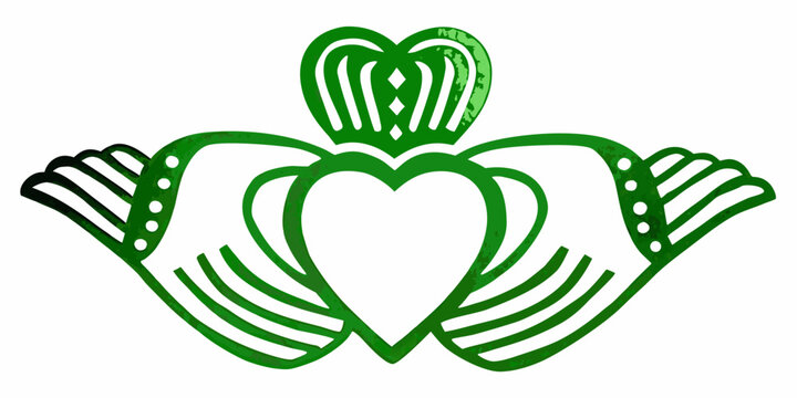 Green claddagh symbol depicting hands heart and crown illustration