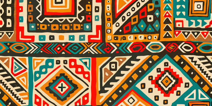 Colorful and intricate tribal pattern featuring geometric shapes and vibrant hues