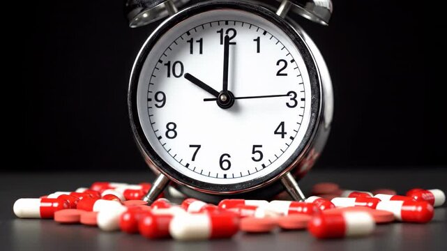 A close-up of a vintage silver alarm clock with a white face, surrounded by scattered red and white capsules and red pills on a dark, reflective surface.