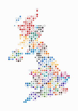 United Kingdom, shape of the country build of colored cells. Digital style map of the United Kingdom on white background. Small size circle blocks. Stylish vector illustration.