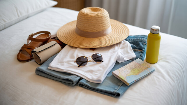 Summer vacation outfit with straw hat clothes map and reusable bottle on hotel bed
