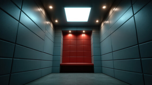 Padded cell room with teal acoustic wall panels and red cushioned alcove under ceiling light, empty interior with recessed spotlights creating moody contrast and clean modern design