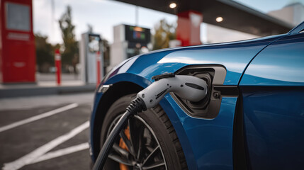 Naklejka premium Blue electric car charging at public DC fast charging station with cable connected to port, urban forecourt, modern vehicle and sustainable transportation mood