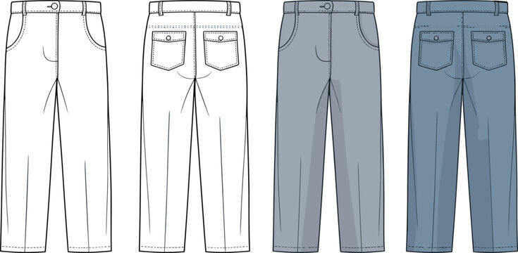 Technical denim pants fashion sketch with pockets seams waistband design flat vector