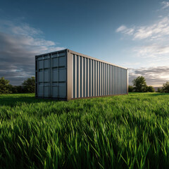 Obraz premium Shipping container in grassy meadow at sunset with soft sky and distant trees, peaceful outdoor storage scene