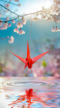 Red origami crane hanging over rippling water with blooming cherry blossoms &ndash; Japanese spring background of peace and hope