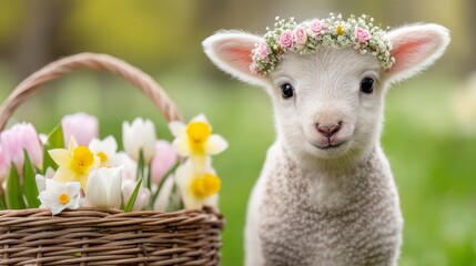 Fototapeta premium Adorable Tiny Lamb Wearing Flower Crown in Springtime Portrait