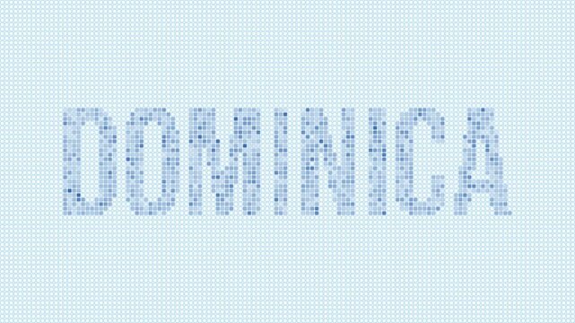 Dominica dotted map animation. Digital style shape of the country. Dominica shape and title dots appear with bulb flickering effect. Intro, outro, logo, title video.