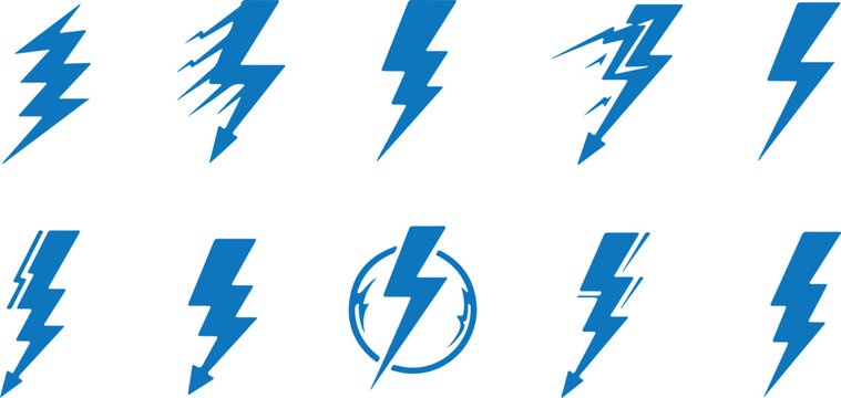 A dynamic collection of blue lightning bolt silhouettes and electrical spark icons on a white background.