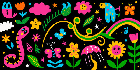 Obraz premium Colorful doodle illustration featuring whimsical flowers creatures and rainbow