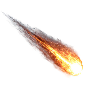 A large meteor streaks through space with fiery trail and sparks.