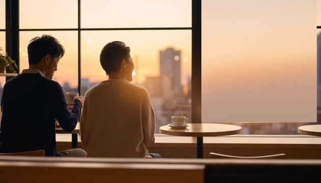 夕暮れのカフェでコーヒーを飲みながら語り合う男性二人