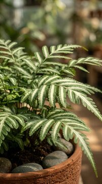 Close Up Of Green Fern Plant In Terracotta Pot With Grey Rocks Inside A Blurry Glass Background Indoor Under Soft Lighting