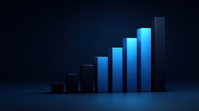 Abstract blue rising bar graph showing compound growth and upward progress in dark studio setting with glowing gradient lighting and reflective surface conveying positive momentum