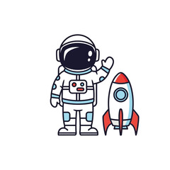 Fototapeta premium A cartoon astronaut in a white spacesuit waving next to a small red and white rocket, on a white background.