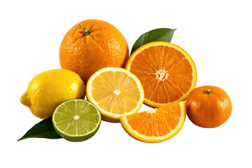 Fototapeta premium Assorted citrus fruits oranges lemons limes fruit arrangement isolated on a transparent background