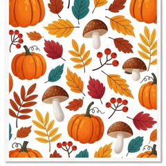 Fototapeta premium Whimsical fall pattern featuring pumpkins toadstools and colorful autumn foliage elements