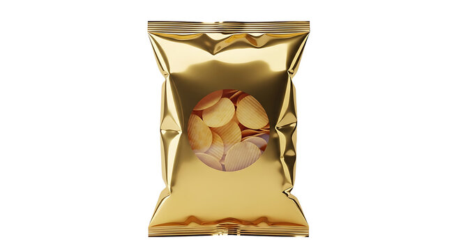 a sleek gold potato chip bag with a transparent window showing corrugated chips standing on a white background for packaging mockup.