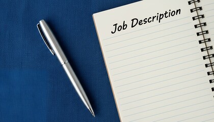 Naklejka premium A metal pen rests on a blue textured surface next to an open notebook with the words Job Description written on the first page hiring recruitment employment career office