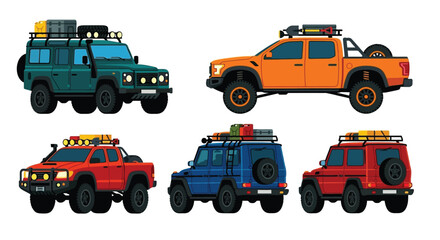 Colorful cartoon illustration of various off road vehicles with roof racks © Vactor media 