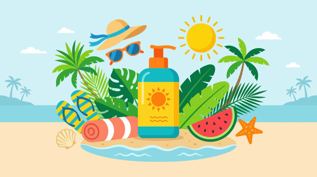 Sunscreen bottle with summer beach accessories illustration.