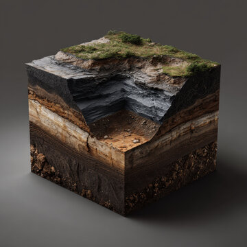 Grass top soil layer rock strata cross section landscape cutaway showing layered bedrock profile with vegetation and exposed sedimentary layers conveying geological structure and texture